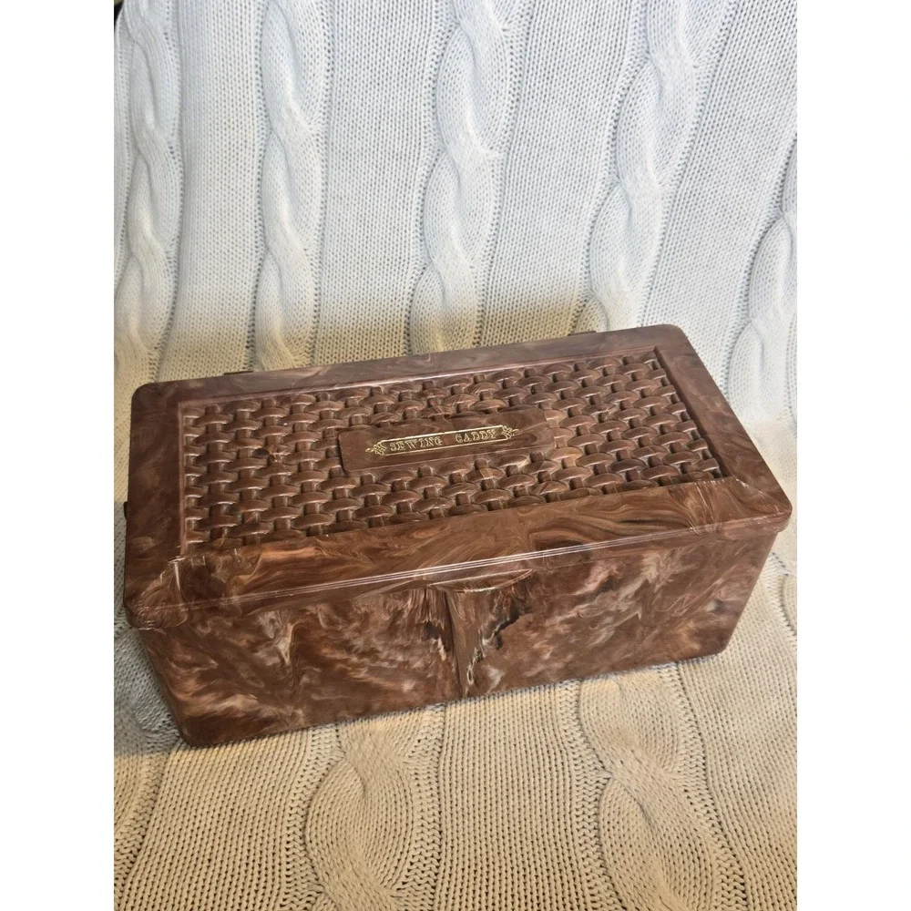 Brown Plastic Sewing Caddy w\ Handle, Magnetic Needle Holder & Organizer Vintage